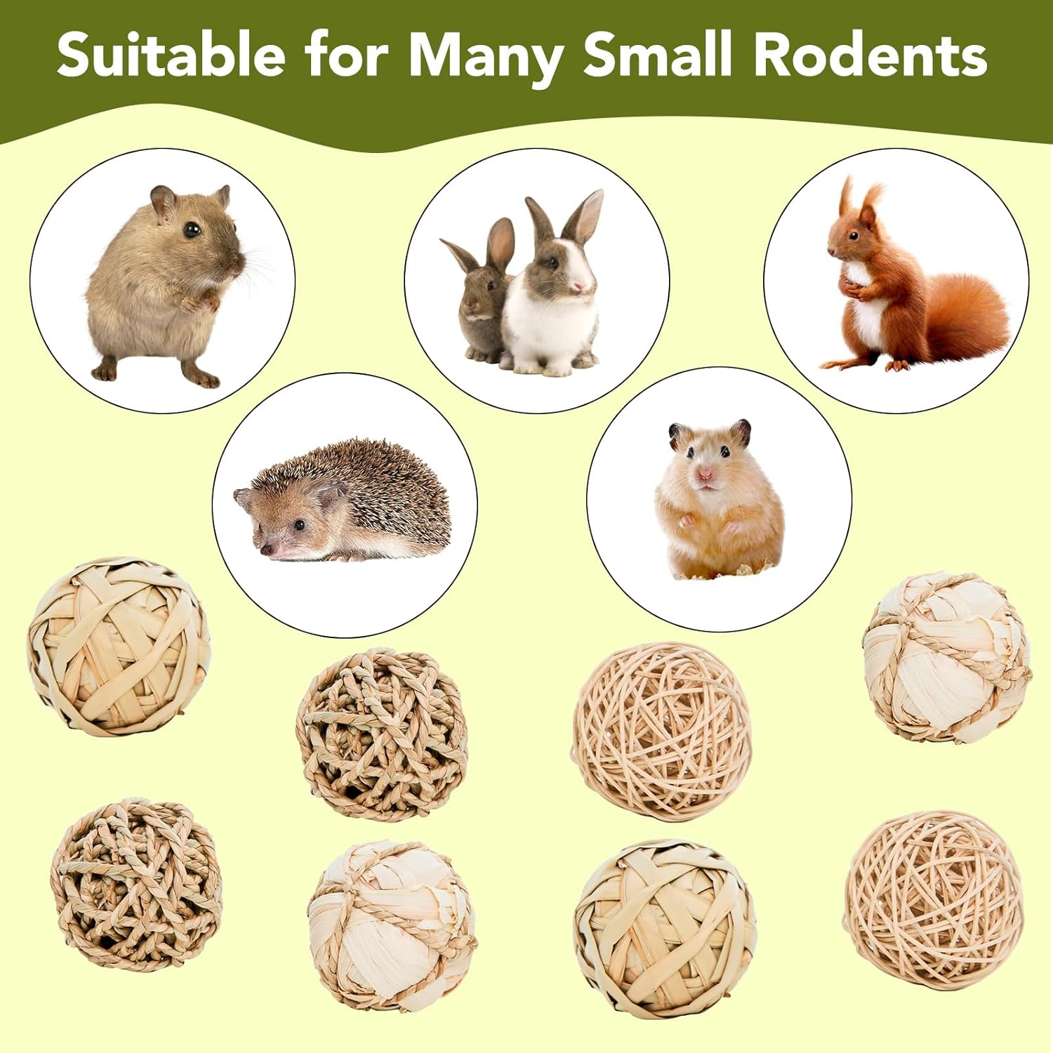 8 Pack Small Pet Chew Toys - 7cm Natural Woven Balls for Rabbits, Guinea Pigs, Hamsters (2 Seagrass, 2 Rattan, 2 Corn Husk, 2 Seaweed Rope) - Safe Dental Grinding Toys