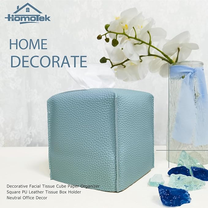 HOMOTEK 2 Pack Tissue Box Cover, Square PU Leather Tissue Holder, Decorative Facial Tissue Cube Paper Organizer Dispenser for Bathroom, Night Stands, Desk, Car 5X5X5'' - Aqua Blue, Pebble Grain