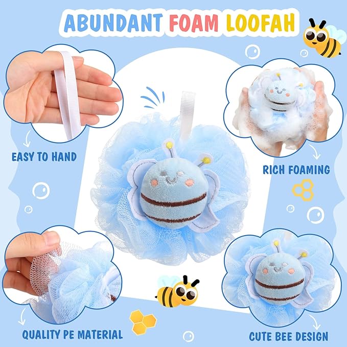 4 Pcs Bee Bath Loofah Sponge Cartoon Body Scrubber Loofah Soft Mesh Exfoliating Bath Scrubber Shower Ball for Shower Sponge Gifts Exchange Birthday Party
