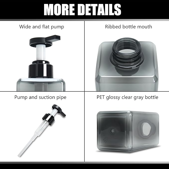 Soap Dispenser Bottle with Pump, YACEYACE 25oz Set of 3 Clear Grey Large Capacity Soap Dispenser Bottles Set, Shampoo Dispenser Bottles with Label