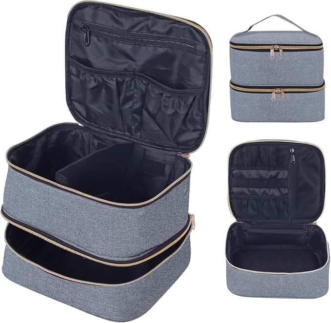 Double Layer Makeup Bag Portable Large Cosmetic Case Organizer with Adjustable Dividers Storage Travel Bag for Accessories Brushes Conditioner and Skin Care Products (Gray Gold)
