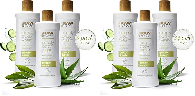 RAW SUGAR Sensitive Skin Simply Body Wash - Green Tea + Cucumber + Aloe Vera, Moisturizing & Brightening Bath & Shower Gel, Sulfate-Free, Paraben-Free & Vegan (Pack of 6)