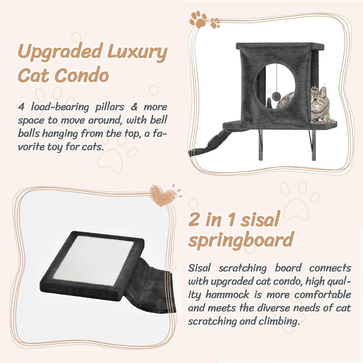 NUNU LAB 7-in-1 Wall Mounted Cat Climber Set, Cat Wall Furniture Set with House, Bridge, Steps, Scratcher Post, DIY Playground, Cat Wall Shelves - Dark Gray