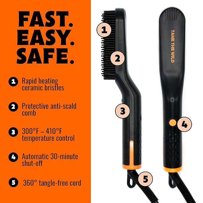 Tame the Wild Premium Beard Grooming Kit - Heated Beard Brush, Straightener Comb, Heat Protectant Spray, Beard Soap, Balm, Wooden Comb, and Storage Case