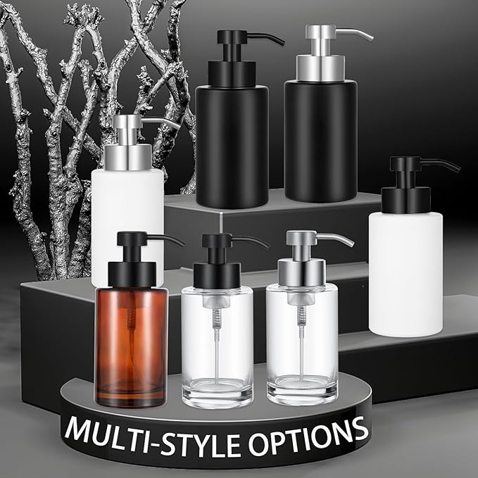 Foaming Soap Dispenser Set, 12 Oz Glass Hand Soap Dispenser with 304 Rust Proof Stainless Steel Pump, Waterproof Labels, for Bathroom Decor Kitchen College Dorm, White Black Pump 2 Pack