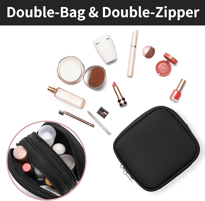 Small Makeup Pouch, Double Zipper Cosmetic Bag, Travel Makeup Bag, Cute Makeup Bag for Purse, Mini Toiletry Bag (Black)