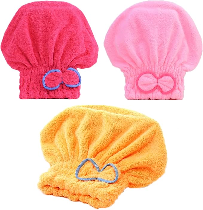 Microfiber Hair Drying Cap，Hair Drying Towel 3Packs,Super Absorbent Quick Dry Hair Turban for Girls and Women Drying Curly，Fast Drying Hair Turban Wrap Towels Shower Cap（Red Pink Yellow）