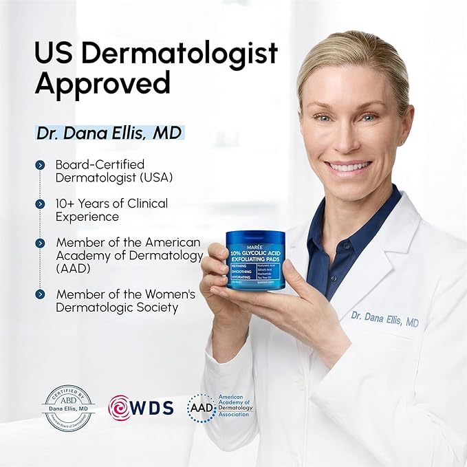 MAREE Glycolic Acid Resurfacing Pads - Toner Pads for Face Cleansing - Exfoliating Pad with Tea Tree Oil, Salicylic Acid & Vitamins E, B3, B5 - Acne Treatment Device for Pore Resurfacing - 50 Count