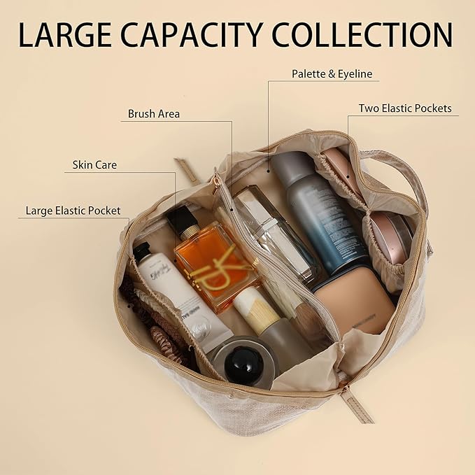 DYSHAYEN Stripe Travel Makeup Bag with Compartments Clear Coated Cosmetic Bag for Women, Waterproof Portable Open Flat Toiletry bag （Linen）