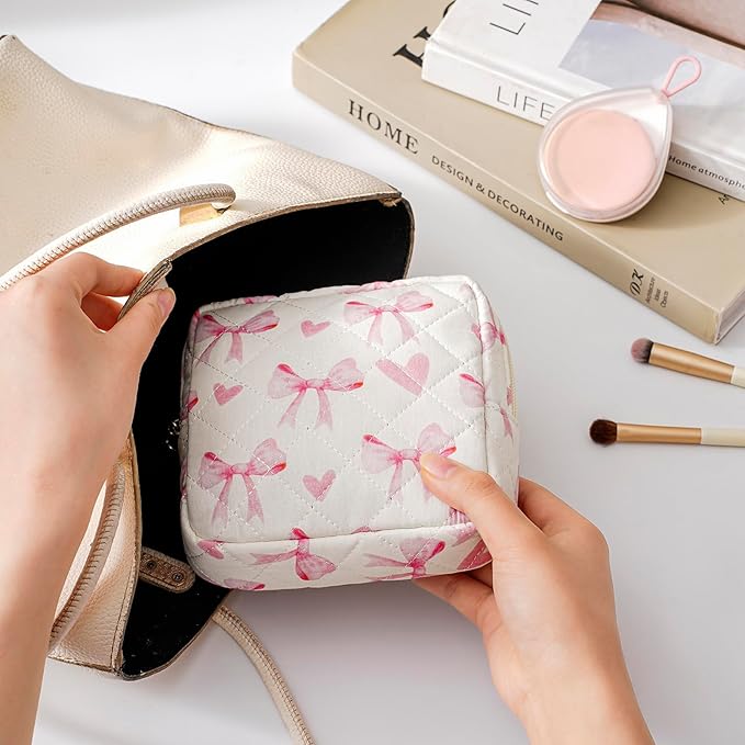 Small Quilted Cotton Makeup Bag for Purse, Cosmetic Bag with Compartments, Cotton Aesthetic Makeup Bag, Travel Toiletry Pouch, Lipstick Bag Card Holder Data Cable Organizer (11Small pink bow)