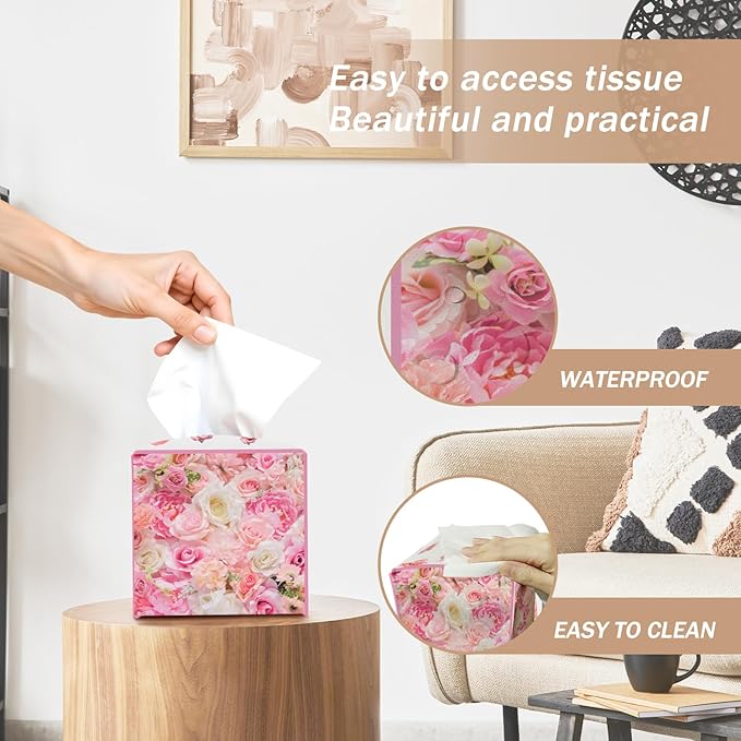 Roses Pink Floral Tissue Box Cover Square with Bottom Belt, Leather Waterproof Tissue Holder Facial Paper Case for Tabletop Home Office Bathroom Car Decor -04