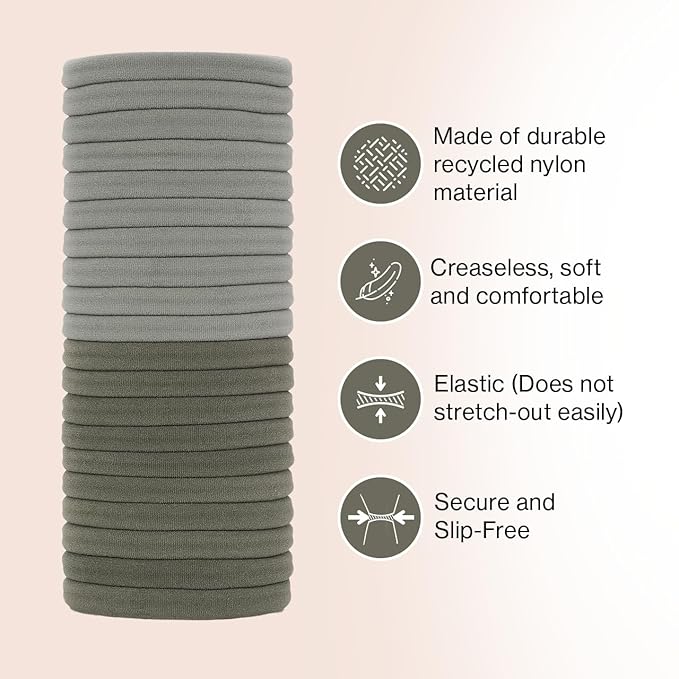 Kitsch Nylon Hair Ties No Damage - Stretchable Hair Bands for Strong All-Day Hold, Ponytail Holders | Hair Accessories for Girls | Ideal Gifts for Women - Eucalyptus, 20 Pcs