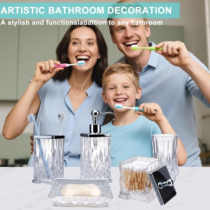 Bathroom Accessories Set,5 Pcs Clear Glass Bathroom Accessory Set,Complete Lotion Soap Dispenser,Toothbrush Holder, Soap Dish,Tumbler & Jar,Modern Bathroom Decor Sets Gift,Square