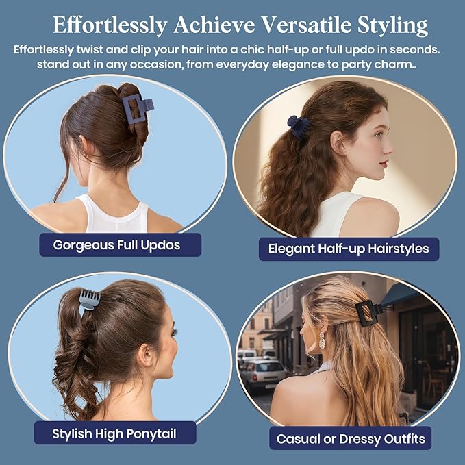 8 PCS Medium Hair Clips for Women Girls - 2 Styles Rectangle and Double Row Teeth Small Claw Clips for Thin Thick Hair, Matte Non-slip Strong Hold Jaw Clips Hair Accessories, Midnight Blue
