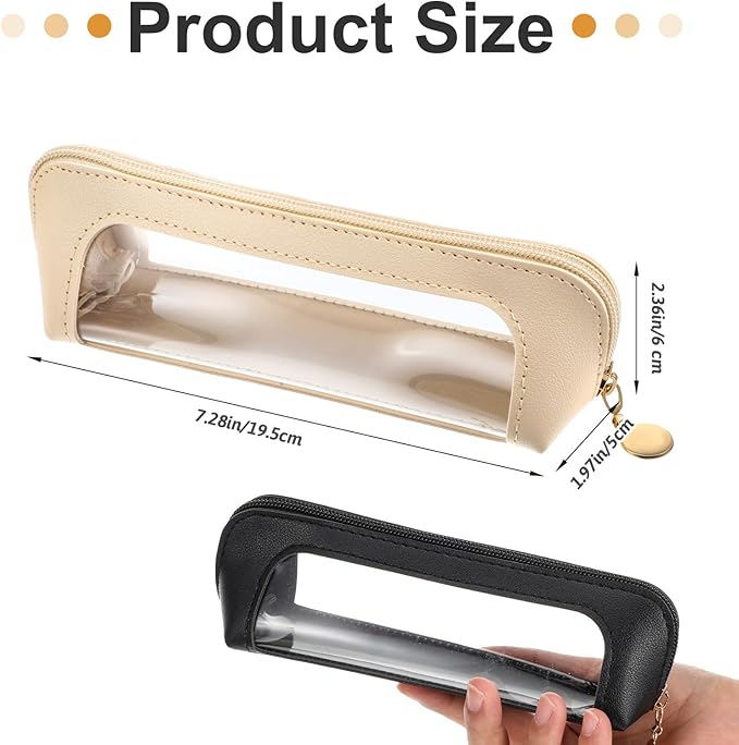 2Pcs Clear Makeup Brush Bag, Leather Slim Makeup Case, Portable Transparent Waterproof Cosmetic Pouch with Zipper, Double Sided Clear Bag for Women Travel Storage (White, Black)