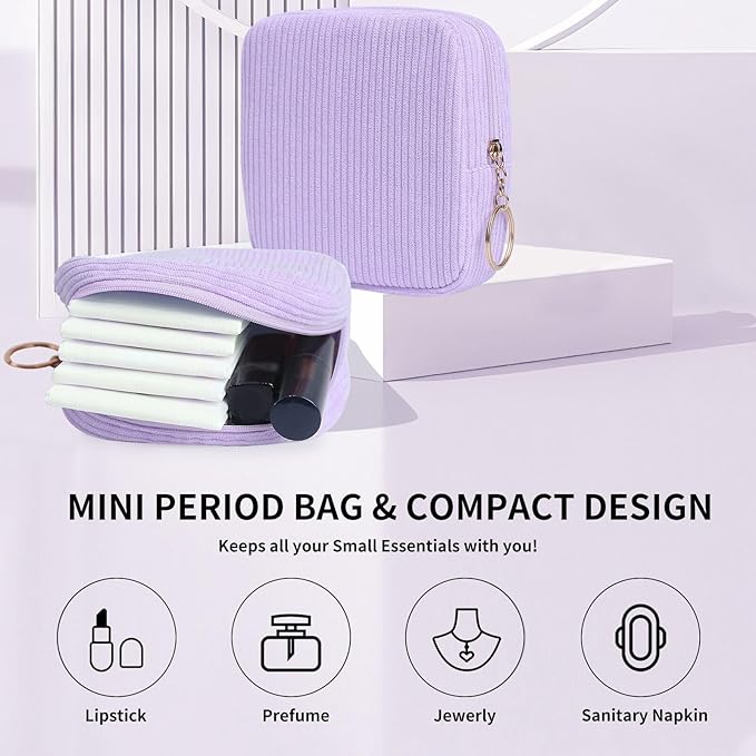 Sanitary Napkin Storage Bag, Preppy Corduroy Period Bag for Women, Cute Portable Period Pouch with Zipper, Sanitary Pads Bag Tampons Holder for Purse, First Period for Women Ladies