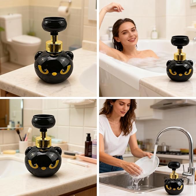 Cute Cat Paw Foam Soap Dispenser, Black Kitty Hand Soap Pump with Paw-Shaped Foam, Spooky Cat Lover Gift for Bathroom and Kitchen Home Accessories