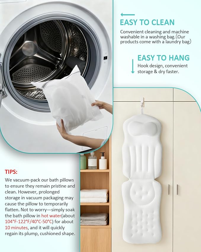 Full Body Bath Pillow for Bathtub, 5D Thick Tub Pillow for Bathtub with 192 Non-Slip Suction Cups, Laundry Bag & Hook, Bathtub Pillow for Head, Neck & Back Support (White, 51"*15")