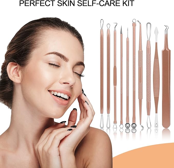 Pimple Popper Tool Kit, MENOLY 10 Pcs Blackhead Remover Comedone Extractor Acne Removal Kit for Blemish, Whitehead Popping,Zit Removing for Nose Face Tools with a Leather Bag (Rose Gold)