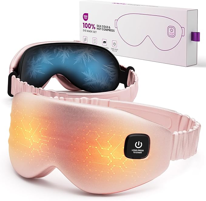 100% Silk Wireless Heated Eye Mask with Cooling - 3 Heat Settings, for Dry Eyes, Puffiness & Dark Circles - Adjustable, Washable, Travel-Friendly (Pink)