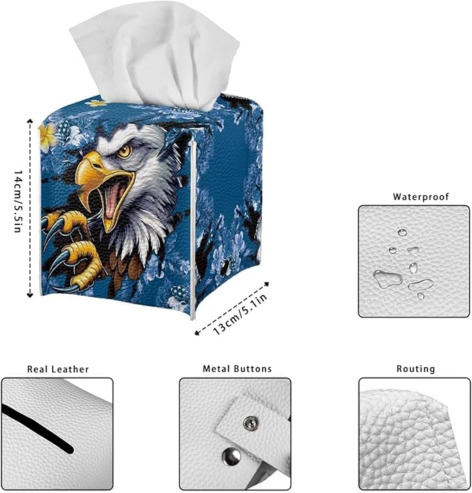 Eagle Blue Flowers Tissue Box Holder, PU Leather Square Napkin Cover with Metal Button, Waterproof Tissue Organizer for Nightstand, Dining Table, Office Desk, and Car Interior