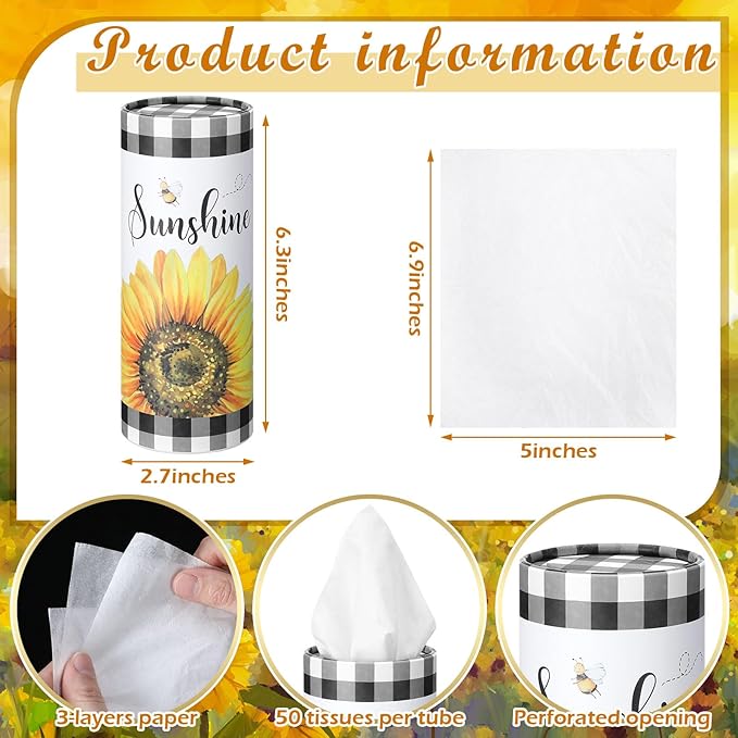 12 Pack Sunflower Tissue Boxes for Car Cylinder Bulk Black White Plaid Flower Round Cylinder Holder with 3 Ply Facial Tissues for Spring Summer Travel Bathroom Office Decoration