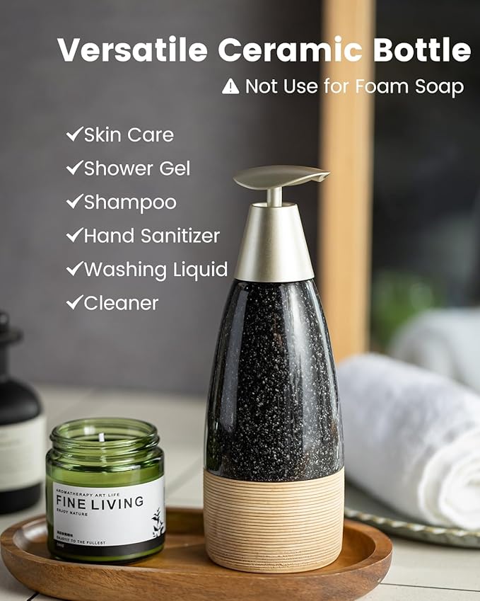 Ceramic Dish Soap Dispenser with 2 Pumps for Hand Soap, Shampoo, Lotion, Conditioner, 12 oz Refillable Soap Bottle with Silicone Funnel for Mother's Day Bathroom & Kitchen, Black