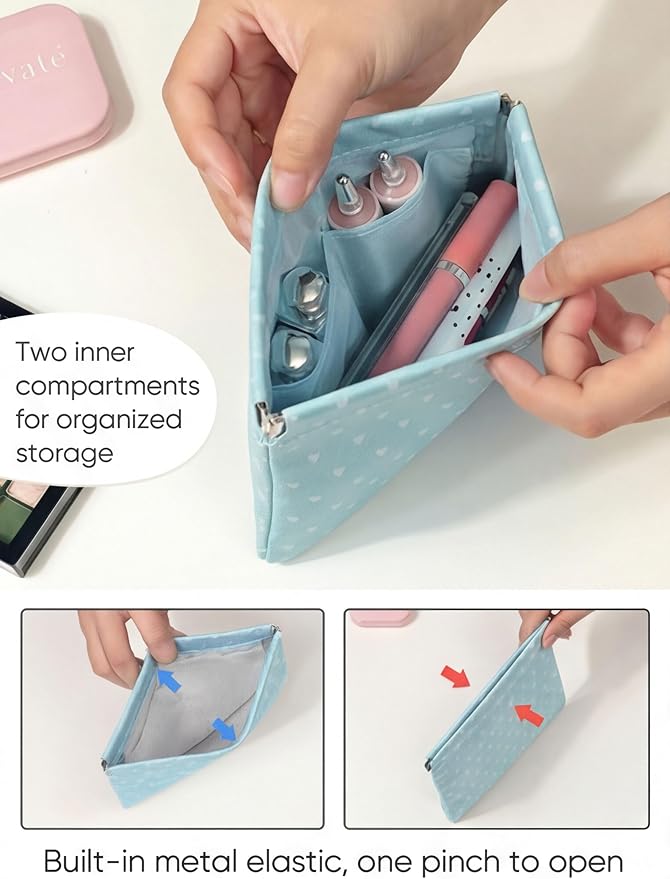 Hearts Leather Makeup Pouch Set for Women Small Make Up Bag for Purse Waterproof Initial Makeup Cosmetic Bags Pouches for Purse Aesthetic Travel Toiletry Bag,Grey Blue
