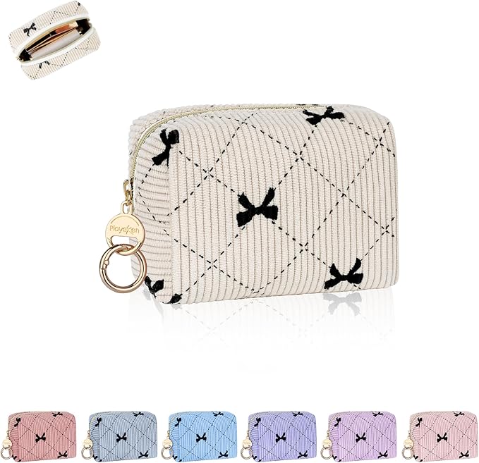 Mini Makeup Bag, Corduroy Small Cosmetic Bag for Purse with Ring Buckle, Bow Tie Travel Makeup Pouch for Lipsticks, Chapsticks, Coin, Earphone, Credit Card (Beige)