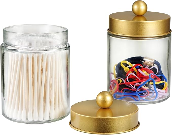 SheeChung Qtip Dispenser Holder 4pcs, Glass Apothecary Jars with Gold Stainless Steel Lids &Stickers, Countertop Canister Guest Bathroom Storage Organizer Set for Cotton Swabs/Balls/Pads, Floss Picks