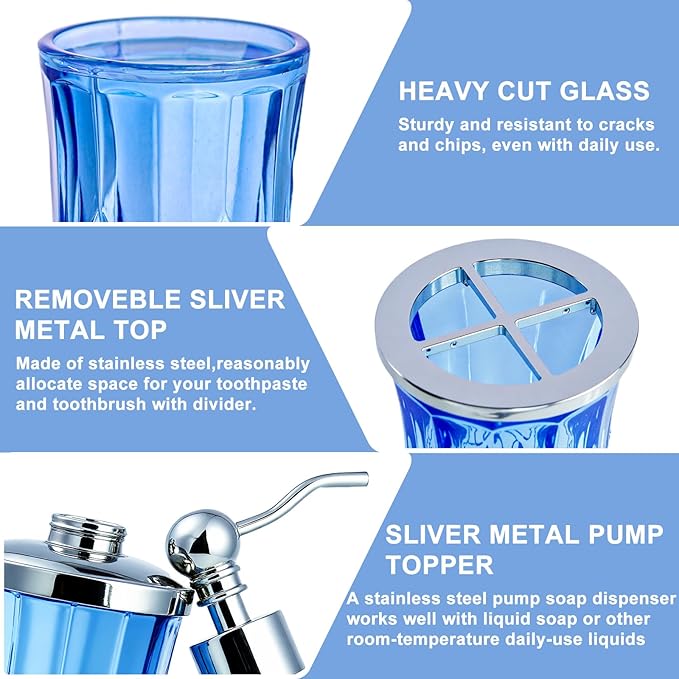 Bathroom Accessories Set,5 Pcs Blue Glass Bathroom Accessory Set,Complete Lotion Soap Dispenser,Toothbrush Holder,Soap Dish,Tumbler & Jar,Modern Bathroom Decor Sets Gift,Round