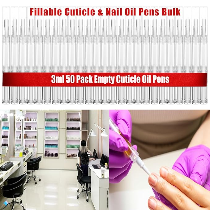 50 Pack Empty Cuticle Oil Pens Bulk-3ml Travel Size Nail Oil Pen, Disposable Twist Pens with Brush-No Leak, DIY Nail Care Kits for Nail Salon