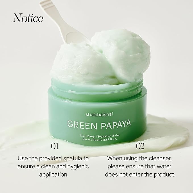 shaishaishai GREEN PAPAYA Pore Deep Cleansing Balm, Makeup Remover, Gentle Exfoliating, Pore Cleaner, Black Head Remover for Face, Oil Cleanser with Jojoba Oil, Korean Skin Care, 2.87oz