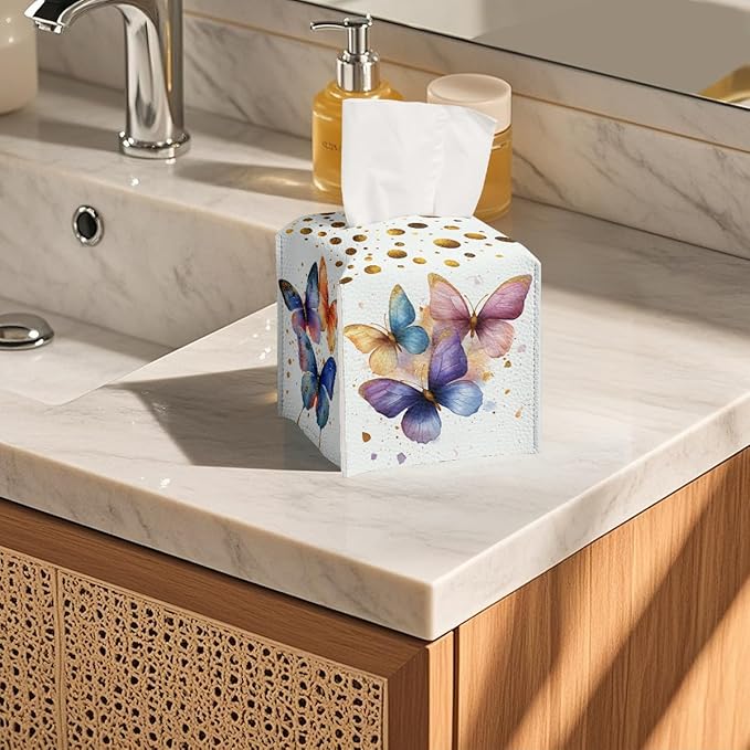 Butterfly Tissue Box Cover Metallic Gold Accents Blue Orange Art Leather Tissue Box Holder Square Facial Paper Organizer Dispenser for Bathroom Kitchen Bedroom Vanity Countertop Night Stands
