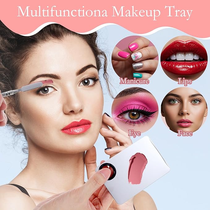 Stainless Steel Makeup Palette, Metal Mixing Tray with Foundation Brush, Spatula and Powder Puff Professional Reusable Beauty Tools for Facial Cosmetic, Nail Art, Pigment Blending