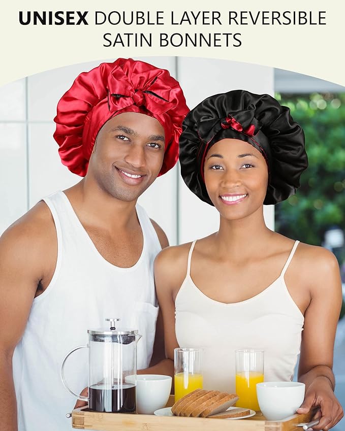 Satin Bonnet Silk Hair Bonnets for Women Curly Hair Wrap for Sleeping - Reversible With Tie Band Night Cap Double Layer for Curly Hair (Black + Red)