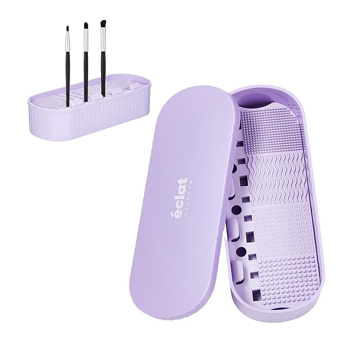 ÉCLAT Makeup Brush Cleaner Mat, 3 in 1 Brush Cleaner Bowl Holder & Cosmetic Tool Organizer Case for Travel, Storage & Air Drying, Portable Make Up Cleaning Tool for Sponges & Powder Puffs (Purple)
