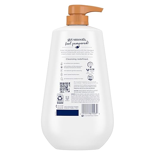 Dove Body Wash with Pump Pamper Shea Butter & Vanilla for 24hr Lotion-Soft Skin Moisturizing Skin Cleanser with No Sulfates No Parabens 30.6 oz,(Pack of 2)