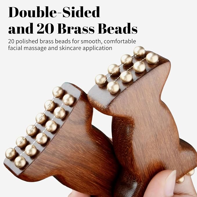 Sandalwood Facial Massage Roller with 20 Brass Beads, Natural Wood Handle Traditional Beauty Care Tool for Jawline, Neck and Face Sculpting, Double Head