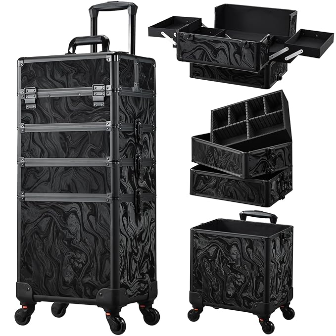 Stagiant Rolling Makeup Case Cosmetology Case on Wheels 4 in 1 Makeup Travel Case Extra Large Cosmetic Box with Key Make Up Artist Traveling Storage Nail Case Salon Barber Cart Trunk Alpine Black