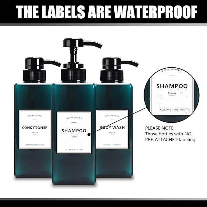 16.9oz Set of 3 Refillable Shower Dispensers, Black, Rectangular, PUMP DISPENSER