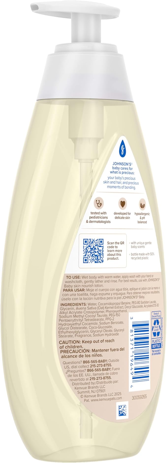 Johnson's Skin Nourishing Moisture Baby Wash, Vanilla & Oat Scents, Tear-Free, Hypoallergenic Baby Body Wash Cleanses, Protects from Dryness, & Leaves Skin Feeling Hydrated, 20.3 fl. oz