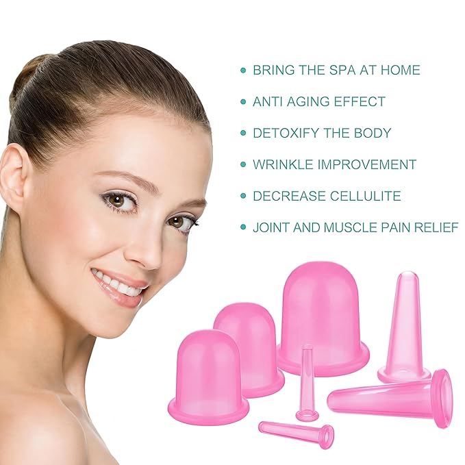 BBTO Silicone Facial Cupping Set, Vacuum Massage Cup Kit for Body, Face, Neck, Back, and Eye, 6 Cups and Exfoliating Brush (Translucent Pink)