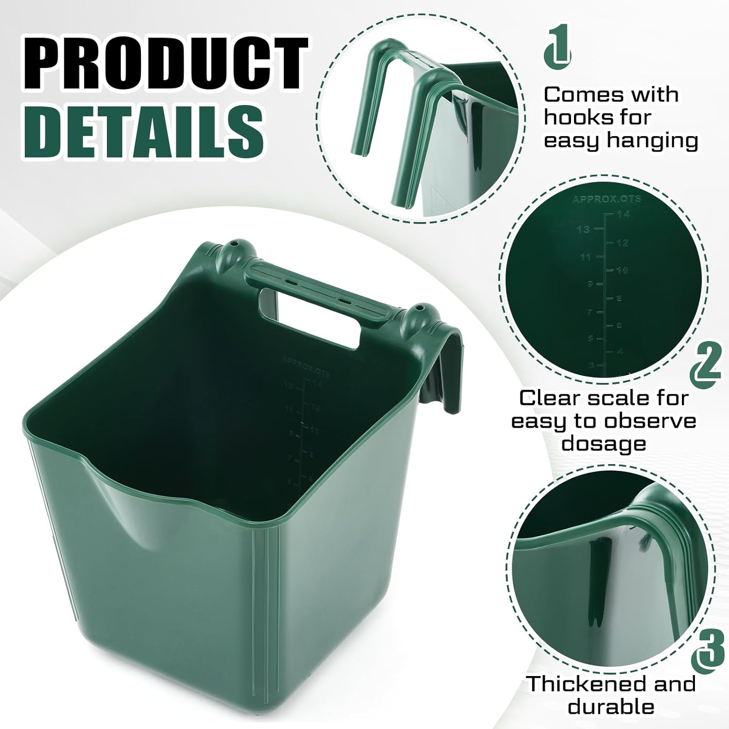 4 Pack 15 Quart Horse Feeders for Stall Hook Over Hanging Fence Hay Feeder Mountable Livestock Plastic Feed Bucket for Farm Stalls Pasture, Stable to Feed Horses Sheep Cattle Cows Etc(Green)