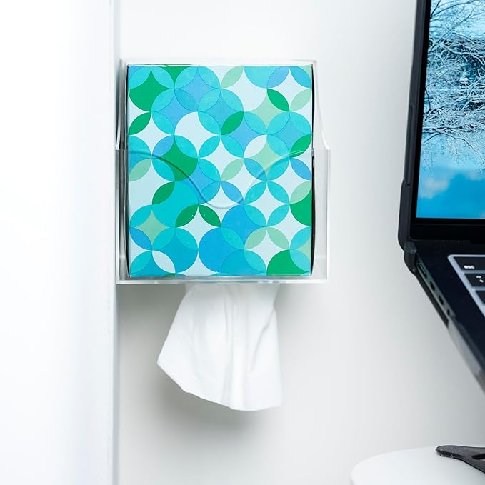 Facial Tissue Box Holder for Wall, Under Cabinet or Desk, RV, Bathroom, Small Spaces - Acrylic Wall Mounted Square Box Dispenser, Face Down or Sideways in Tight Areas