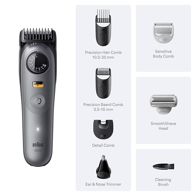 Braun Series 5 All-in-One Beard & Body Grooming Kit for Men, Cordless Trimmer, Hair Clippers & Shaver for Face, Hair & Body with Smooth Shave Head, AIO 5510
