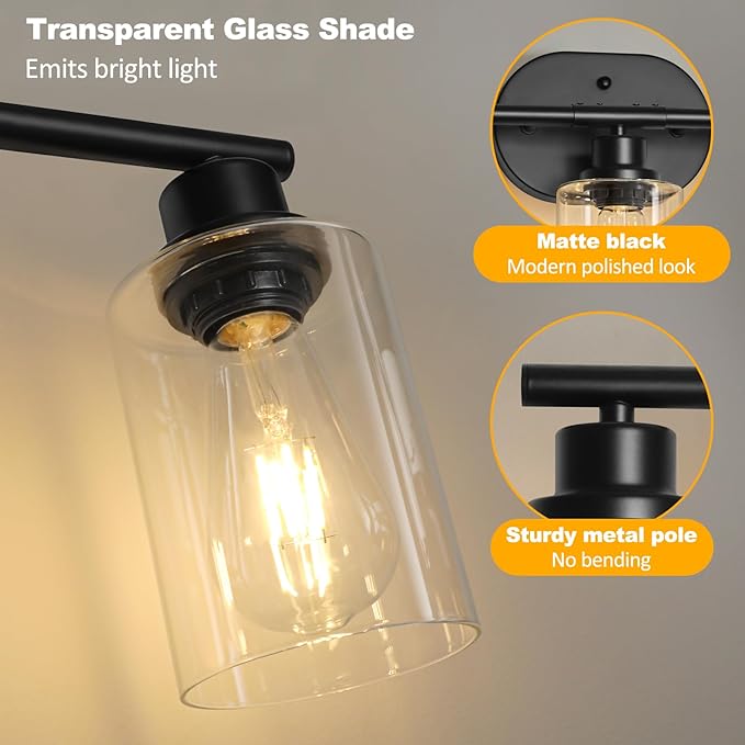 Unicozin 5 Light Bathroom Light Fixtures,33.5 Inch Vanity Lights for Bathroom, Lacquered Black Wall Lamp with Clear Glass for Mirror, Living Room, Hallway, Cabinet, E26 Base