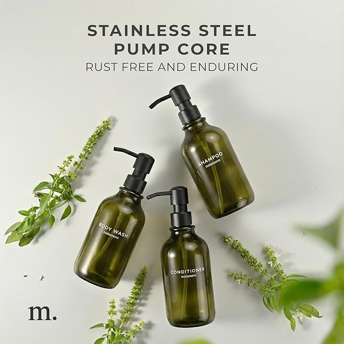 MaisoNovo Refillable Shampoo and Conditioner Bottles - 16.9 fl oz Set of 3 Green Plastic Bottles Black Plastic Pumps