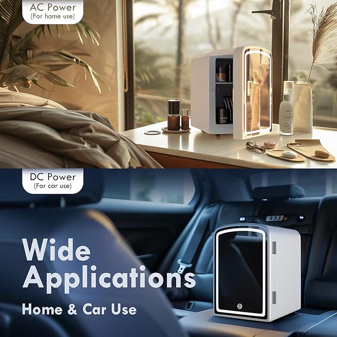 4L Mini Skincare Fridge with Dimmable LED Mirror, Portable Beauty Refrigerator for Makeup, Cosmetic, Personal Small Refrigerator with Cooler and Warmer for Bedroom, Office and Car(Pearl White)