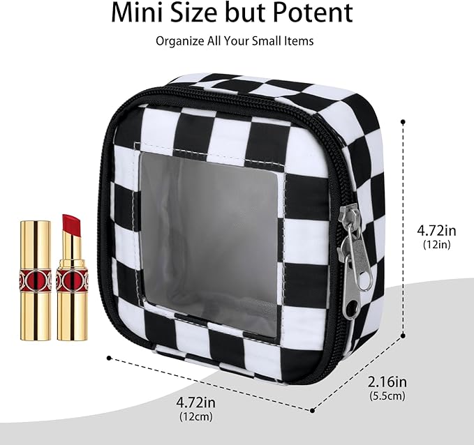 DOB SECHS Mini Checkered Bag for Purse 5.1'' x 5.1'' Small Makeup Bag for Car Cute Clear Cosmetic Bags with Zippers, Tiny Toiletry Bag Lipstick Pouch Organizer Case Travel Essentials Storage Pouches